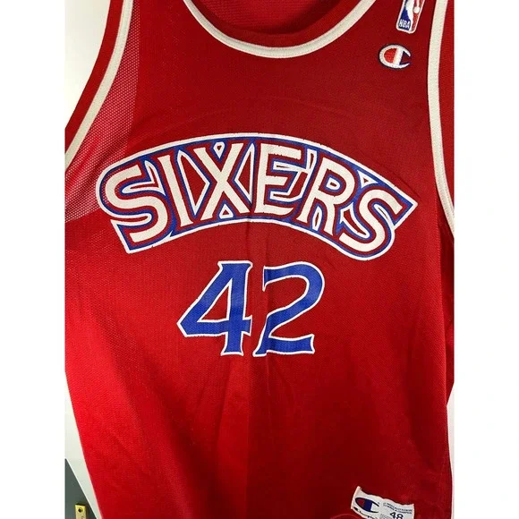 Champion NBA 76ers Jersey Mens 48 Stackhouse 42 Red Sewn Logos Mesh Vintage - Picture 2 of 9